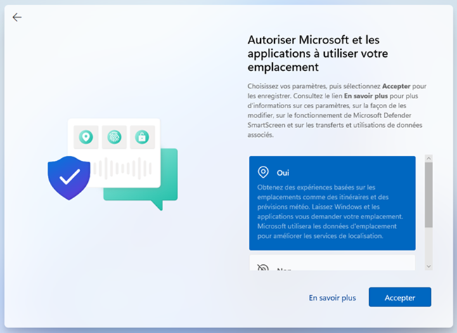 Ceci est la page de demande de consentement des données personnelles sur l'utilitaire de configuration Windows