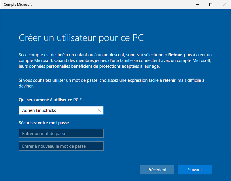 Ceci est la page de création de compte local dans l'utilitaire de configuration de Windows